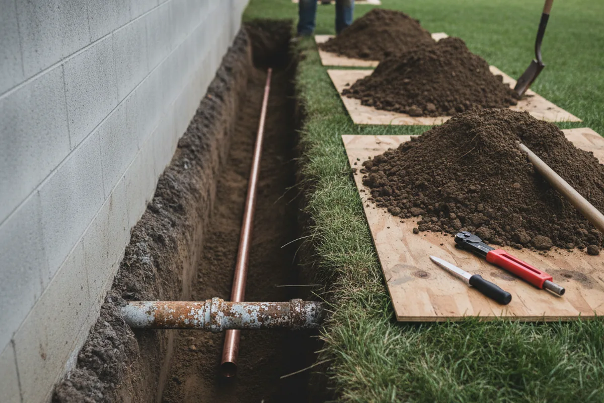 Excavated water line trench during Water Heater Repair in Midway City